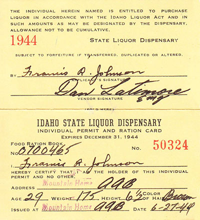 Idaho Liquor Dispensary Permit 1944